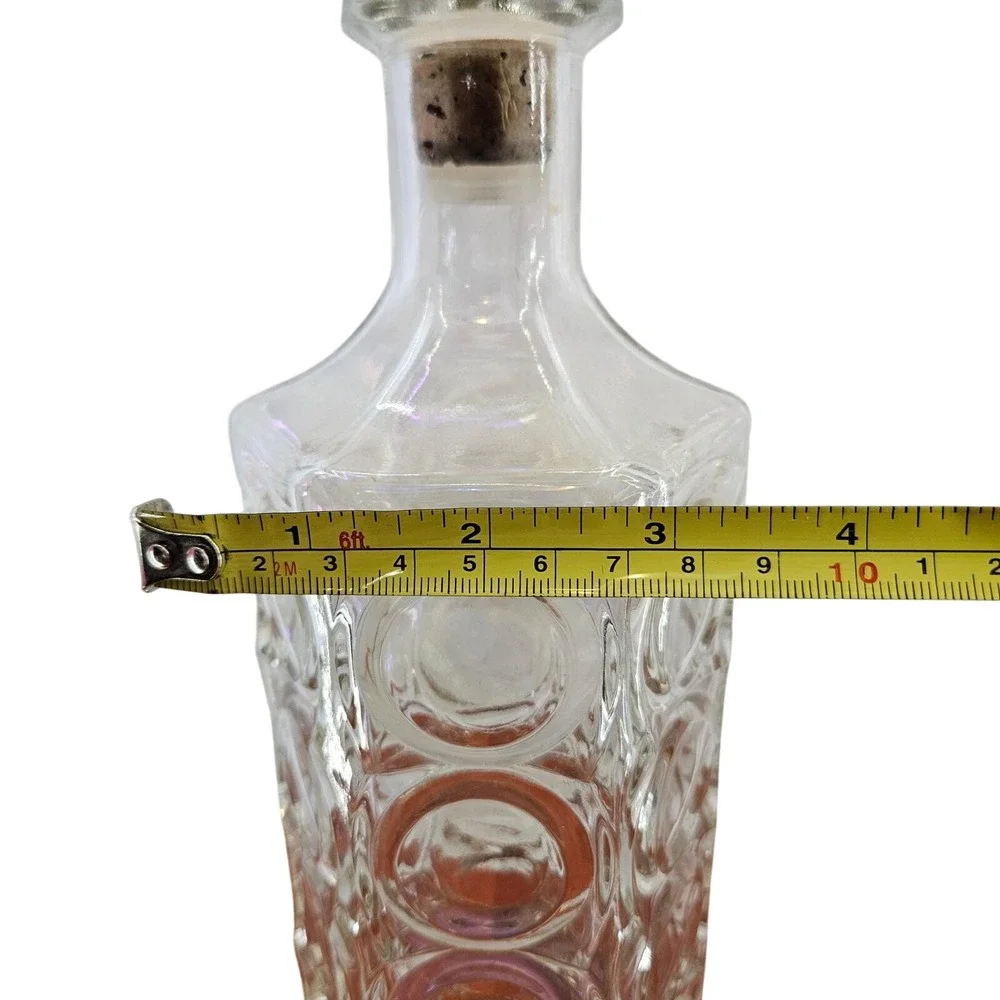 Glass Decanter Square‎ Stopper Textured Circles Clear Iridescent Barware Vtg
